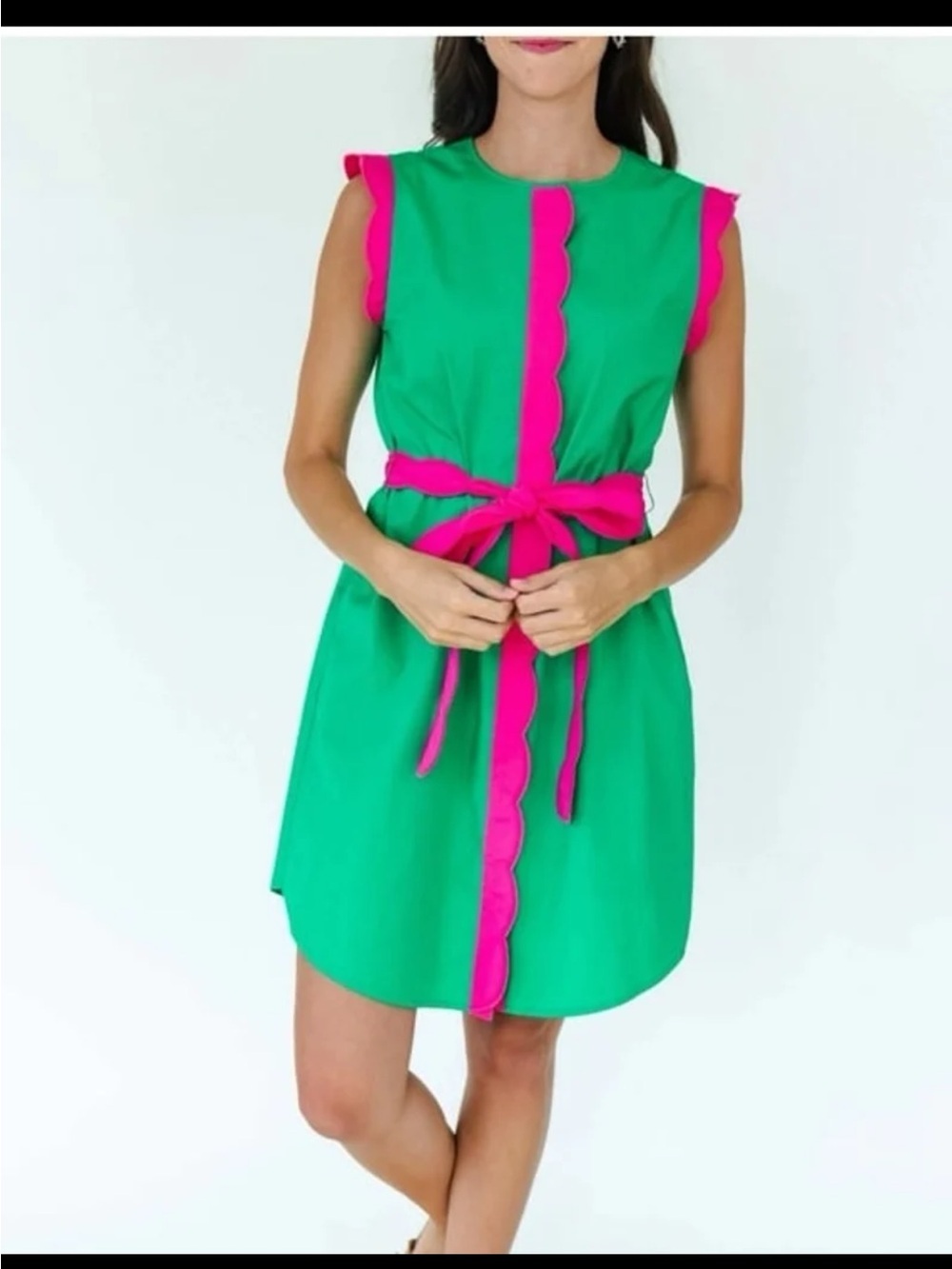 Mary George VIVIAN DRESS in Green with Pink Belted Mini Dress size Medium - Picture 3 of 12